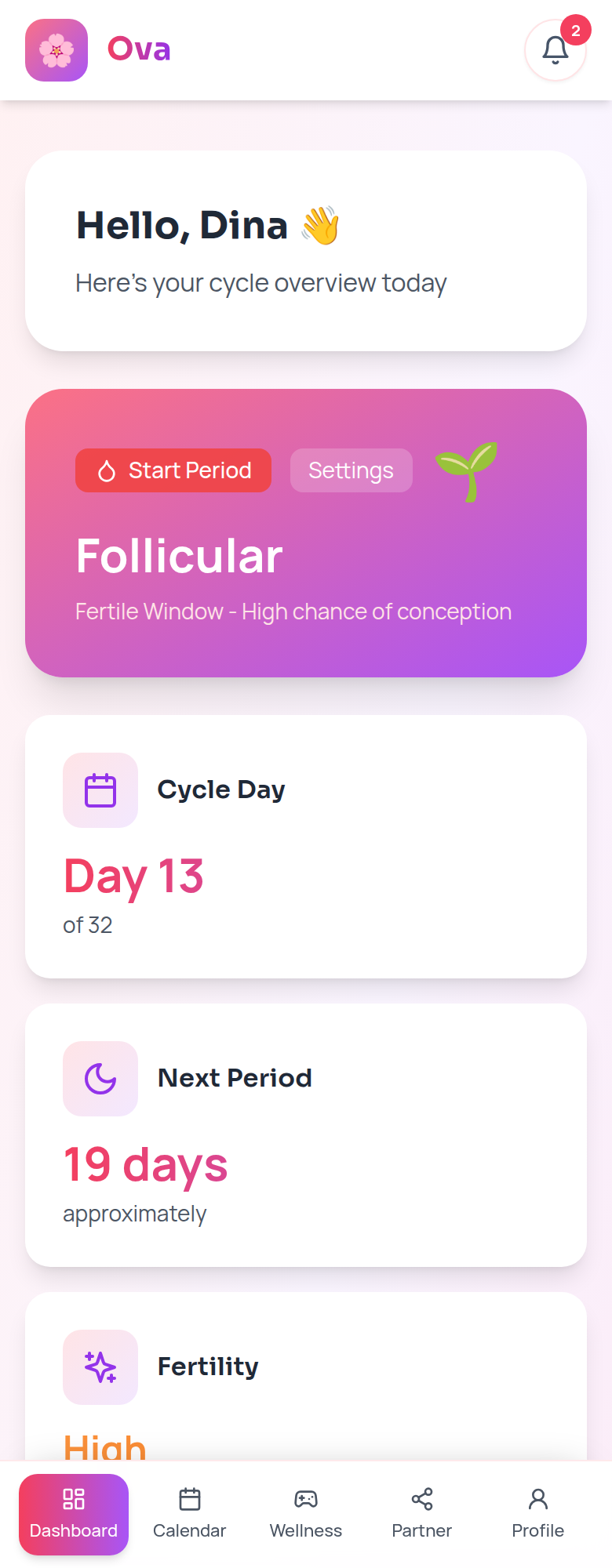 The live Ova mobile dashboard showing cycle overview and daily momentum